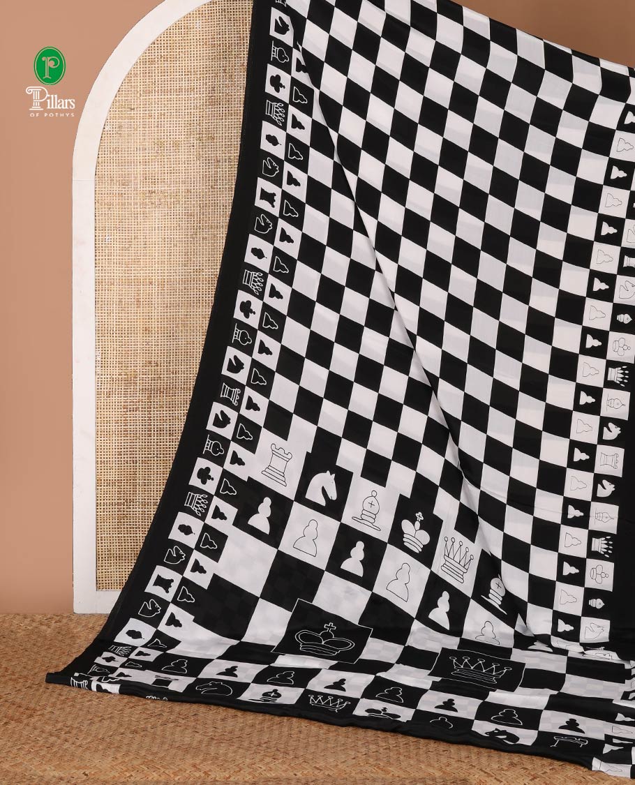 Black with white chess board mil printed crepe saree with self plain border - Image 4