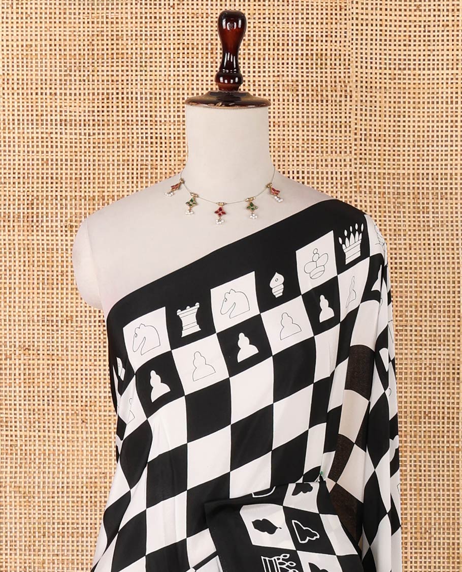 Black with white chess board mil printed crepe saree with self plain border - Image 5