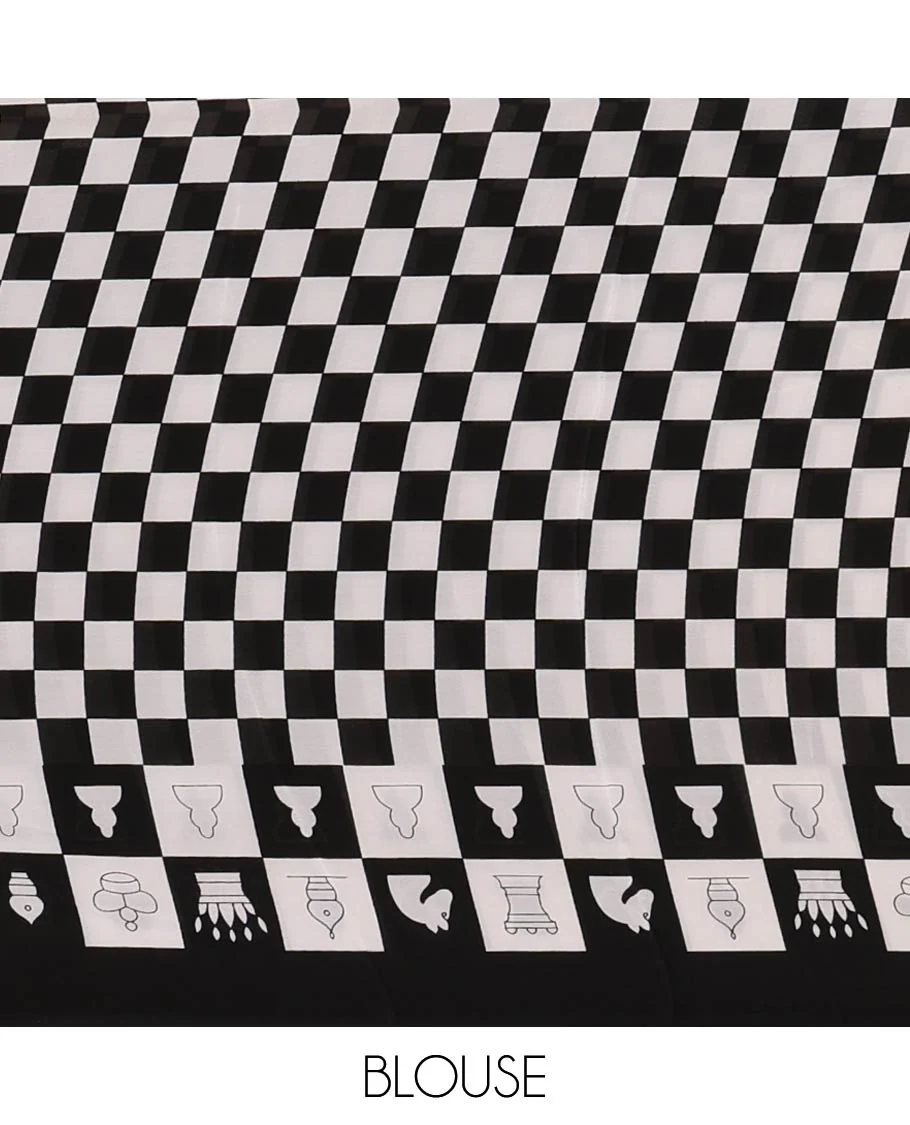 Black with white chess board mil printed crepe saree with self plain border - Image 6