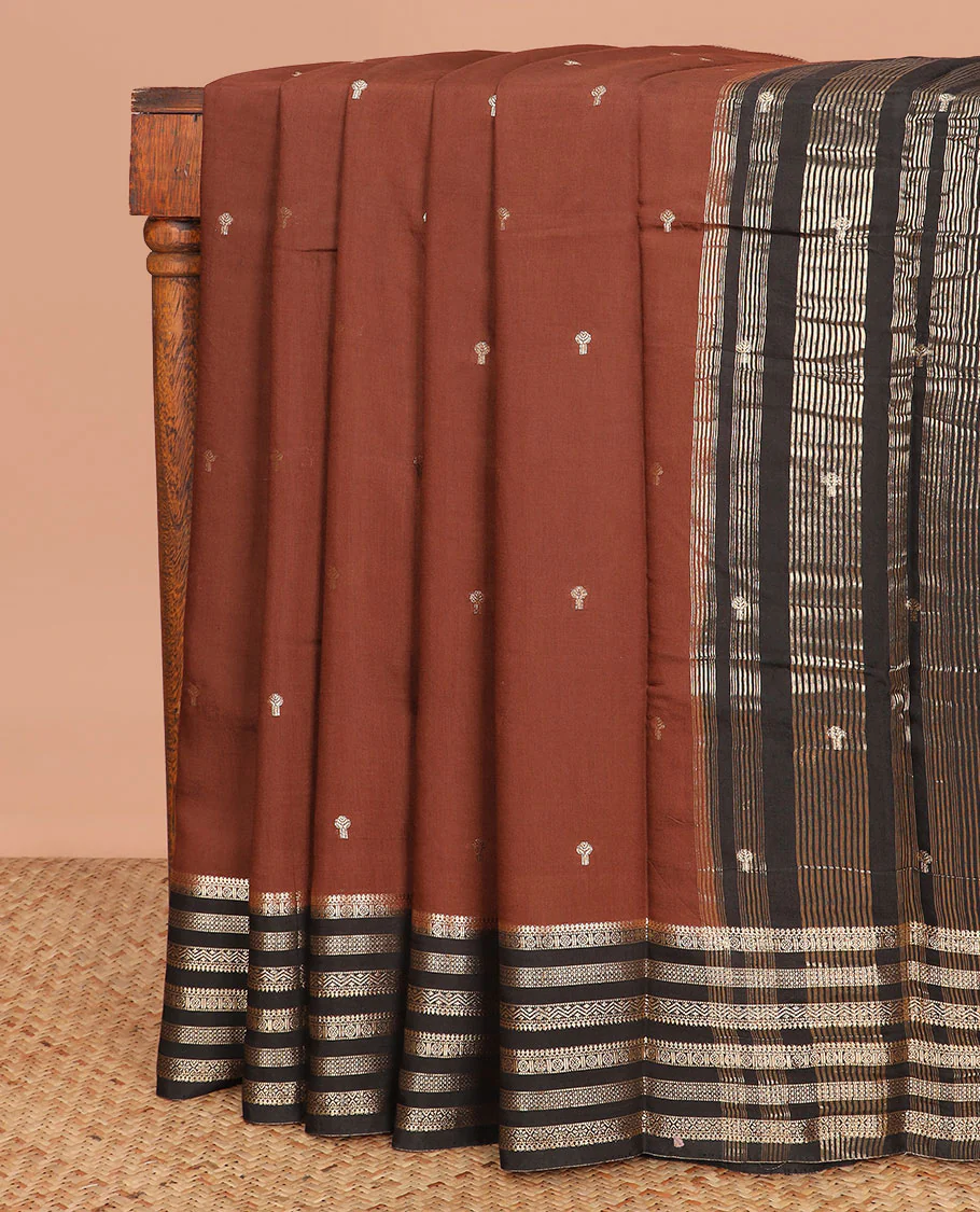 Black zari buttas assam silk saree, contrast traditional zari border, and pallu of stripes and zari buttas