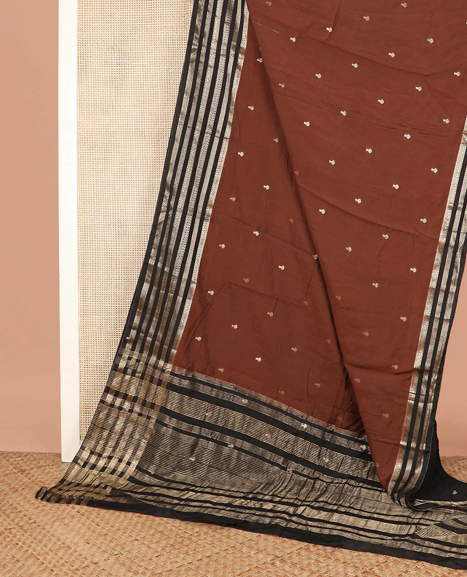 Black zari buttas assam silk saree, contrast traditional zari border, and pallu of stripes and zari buttas - Image 2