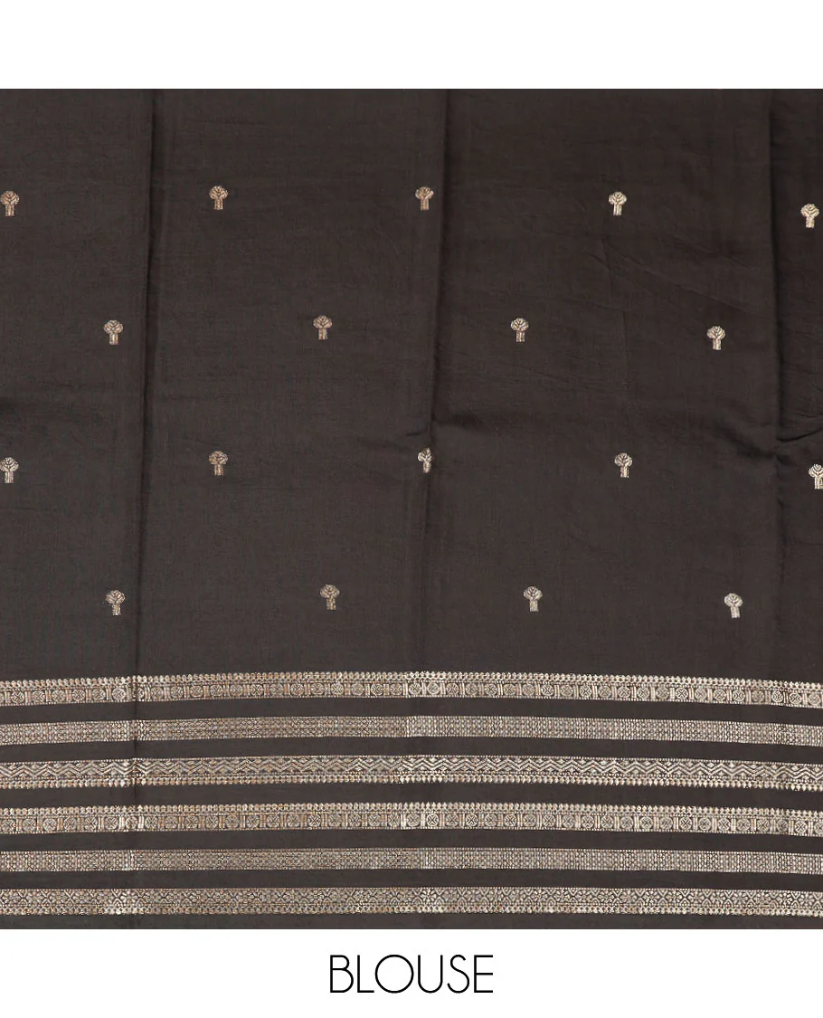 Black zari buttas assam silk saree, contrast traditional zari border, and pallu of stripes and zari buttas - Image 3