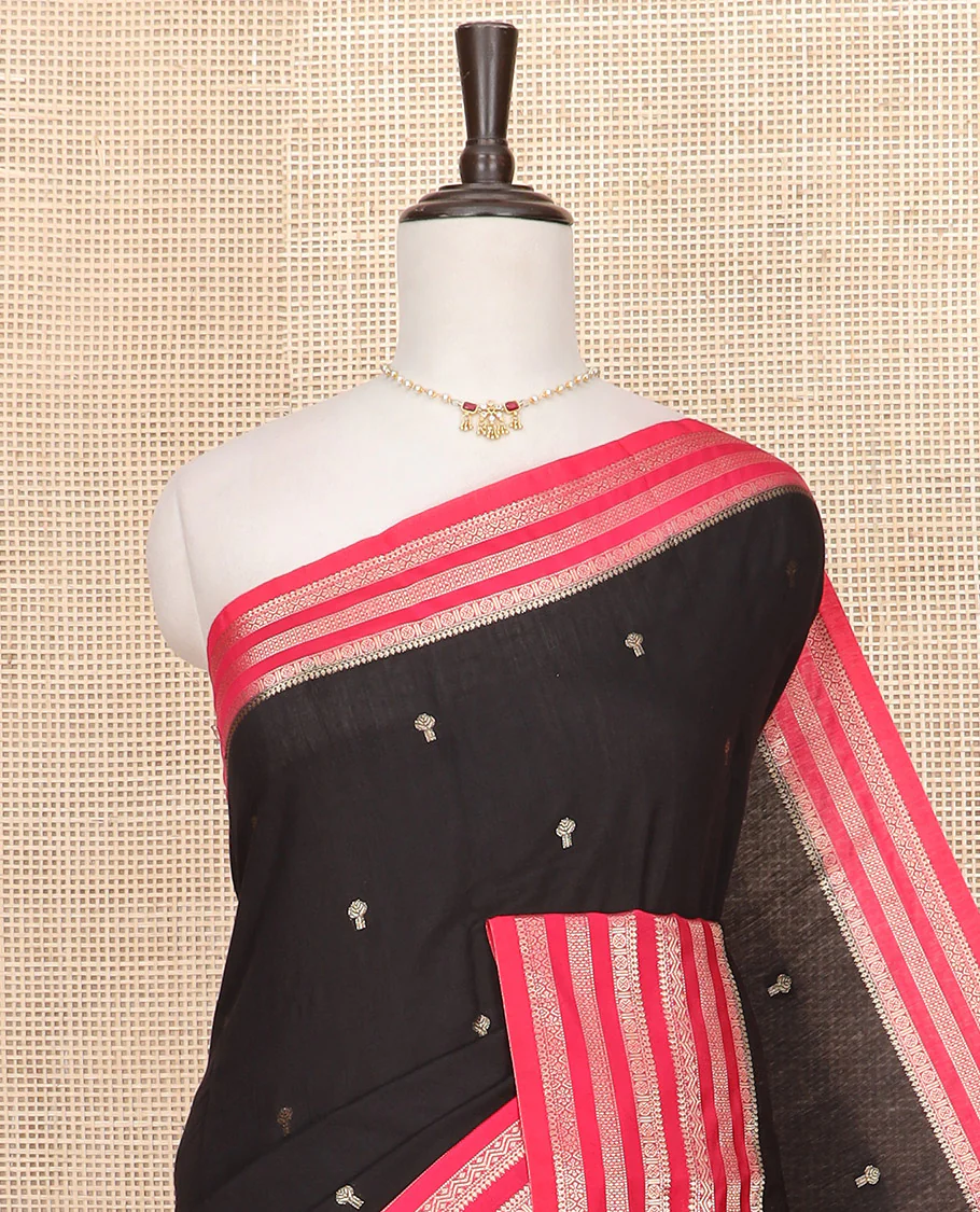 Black zari buttas Assam silk saree, contrast traditional zari design border, and pallu of zari stripes and buttas - Image 2