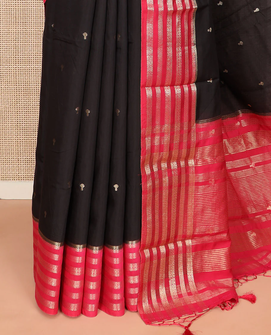 Black zari buttas Assam silk saree, contrast traditional zari design border, and pallu of zari stripes and buttas - Image 3
