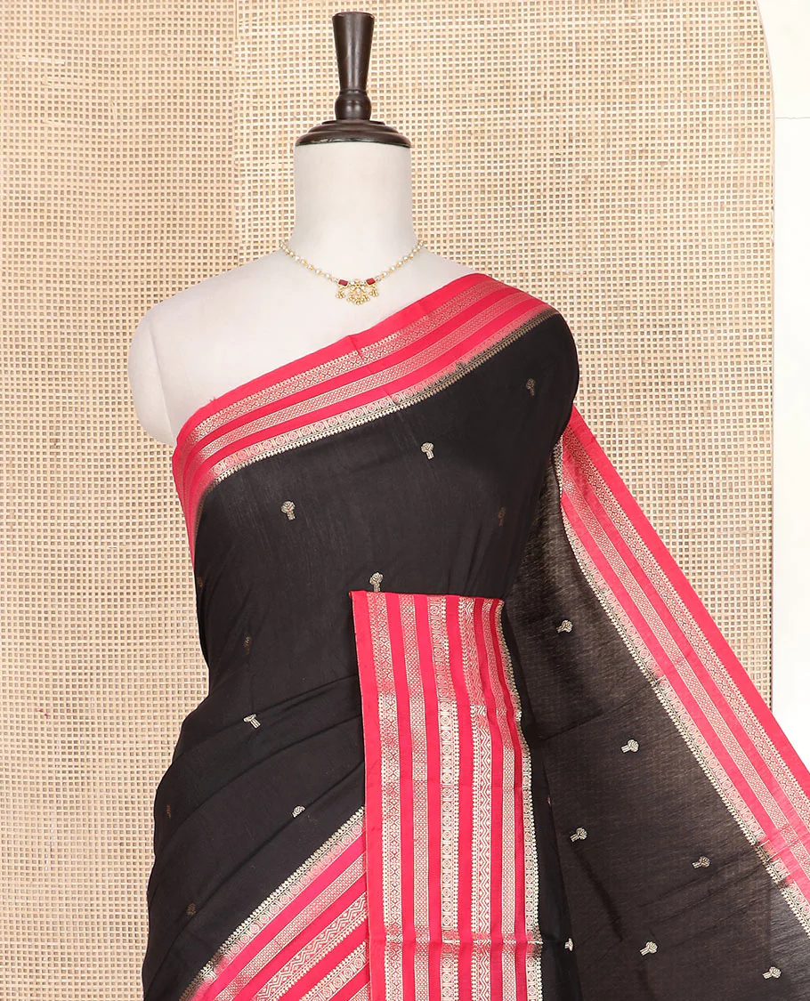Black zari buttas assam silk saree, contrast traditional zari motifs woven border, and zari striped pallu - Image 2