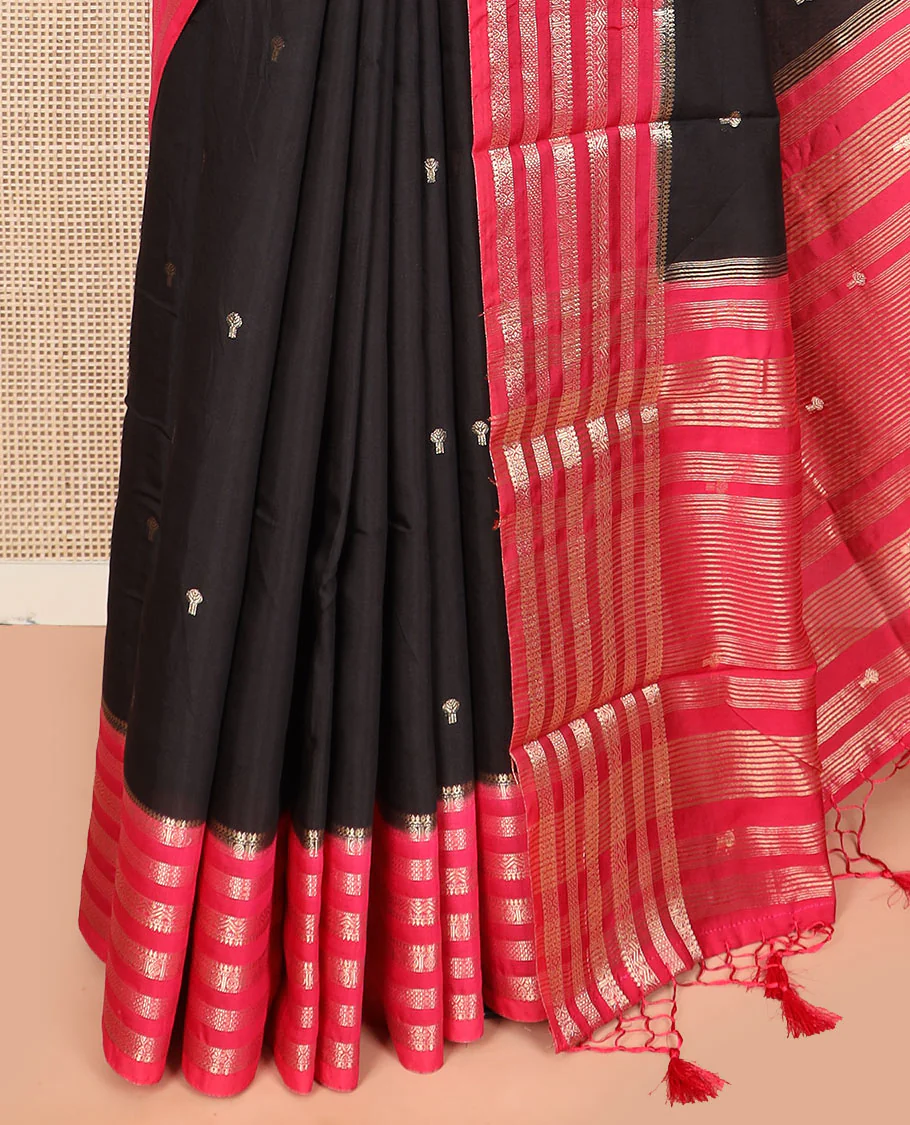 Black zari buttas assam silk saree, contrast traditional zari motifs woven border, and zari striped pallu - Image 3