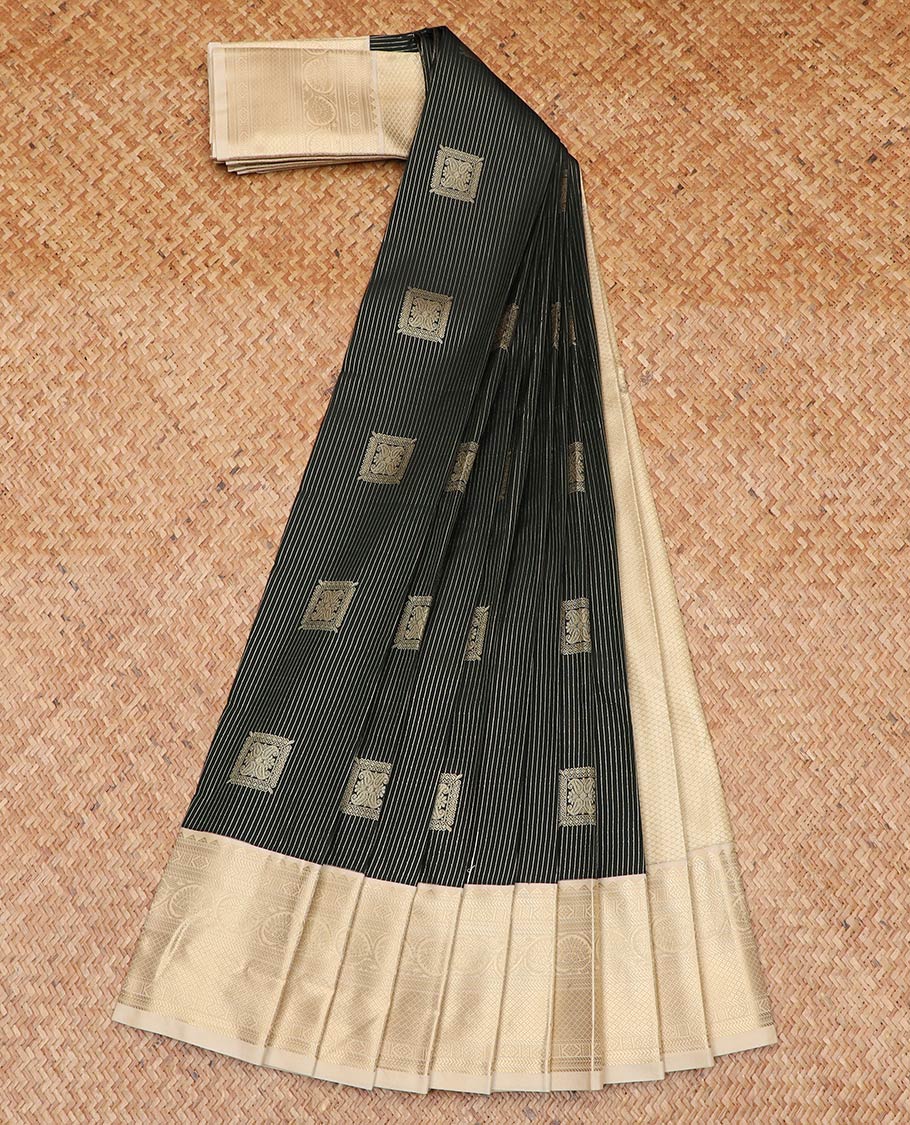 Black zari buttas gift saree, contrast traditional zari design border, and jaal pallu - Image 2