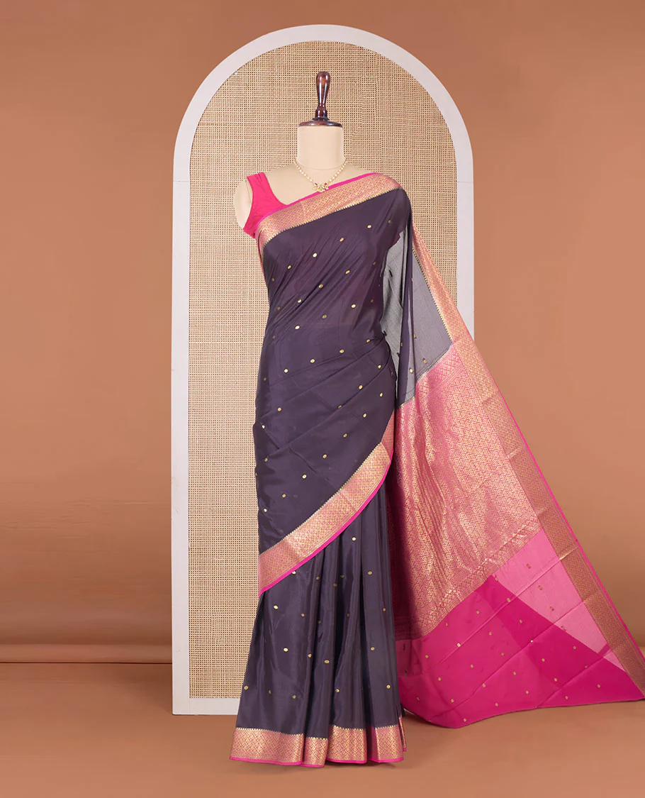 Black zari buttas Mysore silk saree, contrast jaal design zari border, and pallu of jaal design - Image 2