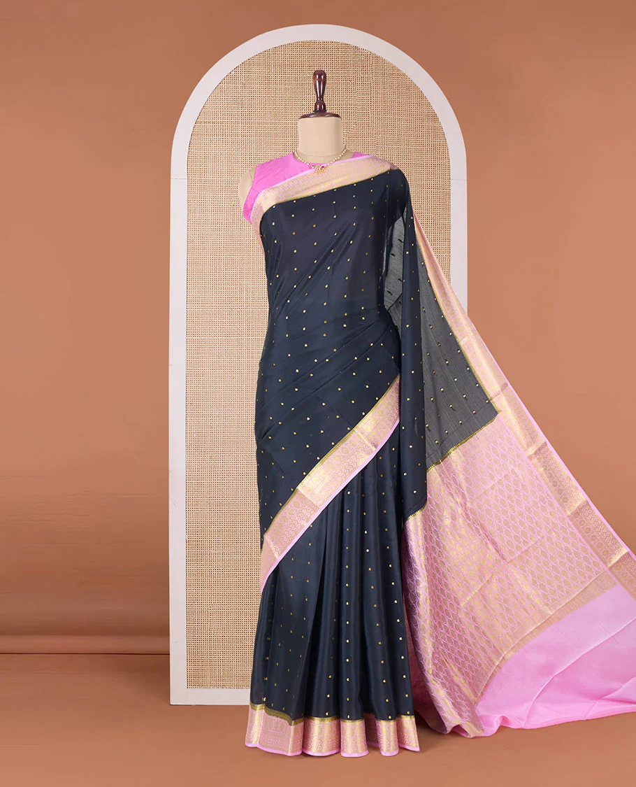 Black zari buttas Mysore silk saree, contrast traditional zari border, and pallu of jaal design - Image 2