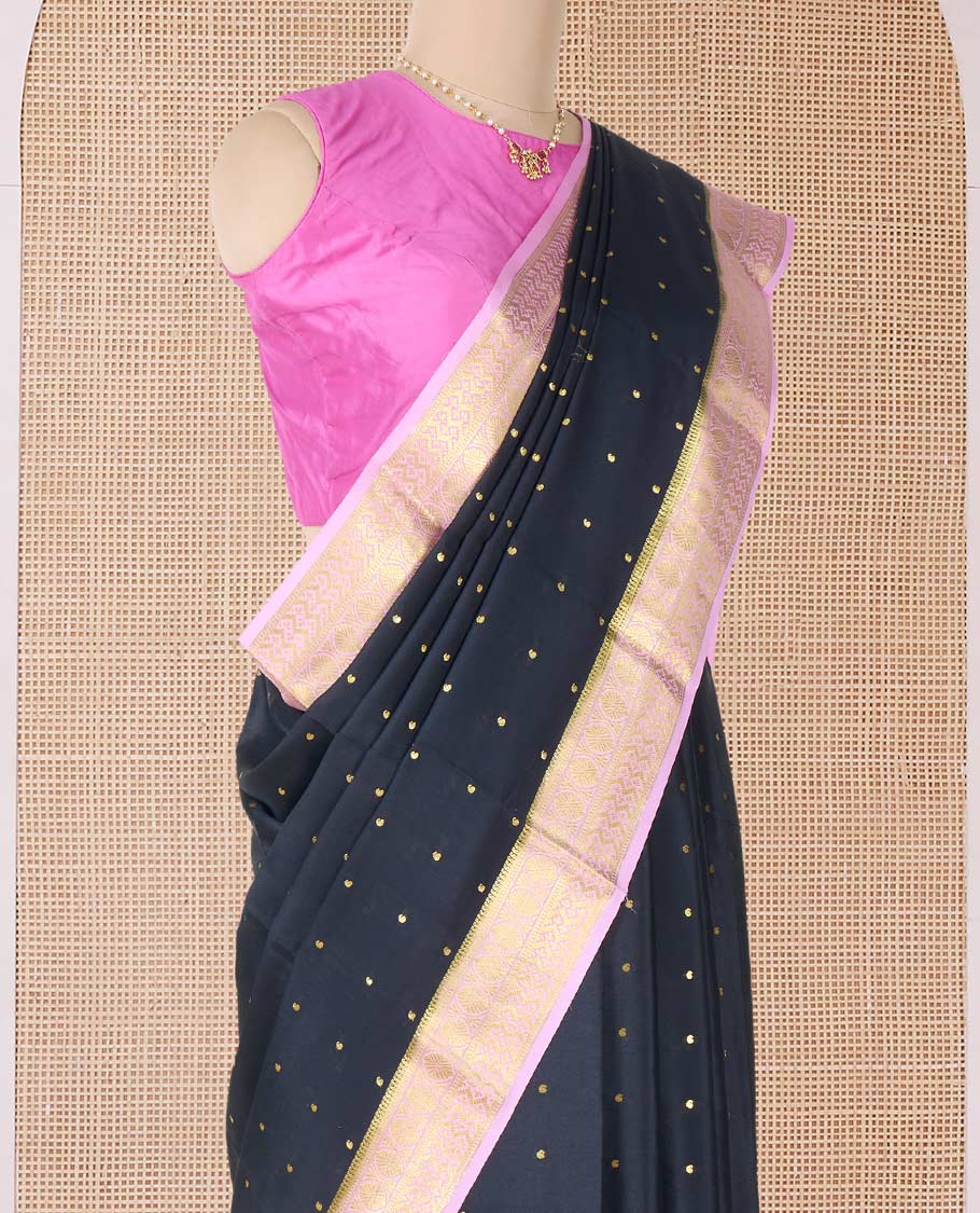 Black zari buttas Mysore silk saree, contrast traditional zari border, and pallu of jaal design - Image 3