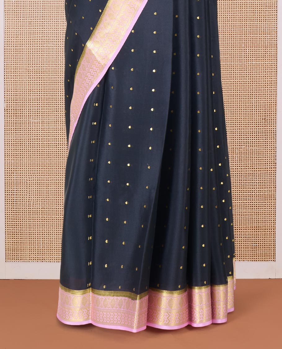 Black zari buttas Mysore silk saree, contrast traditional zari border, and pallu of jaal design - Image 4