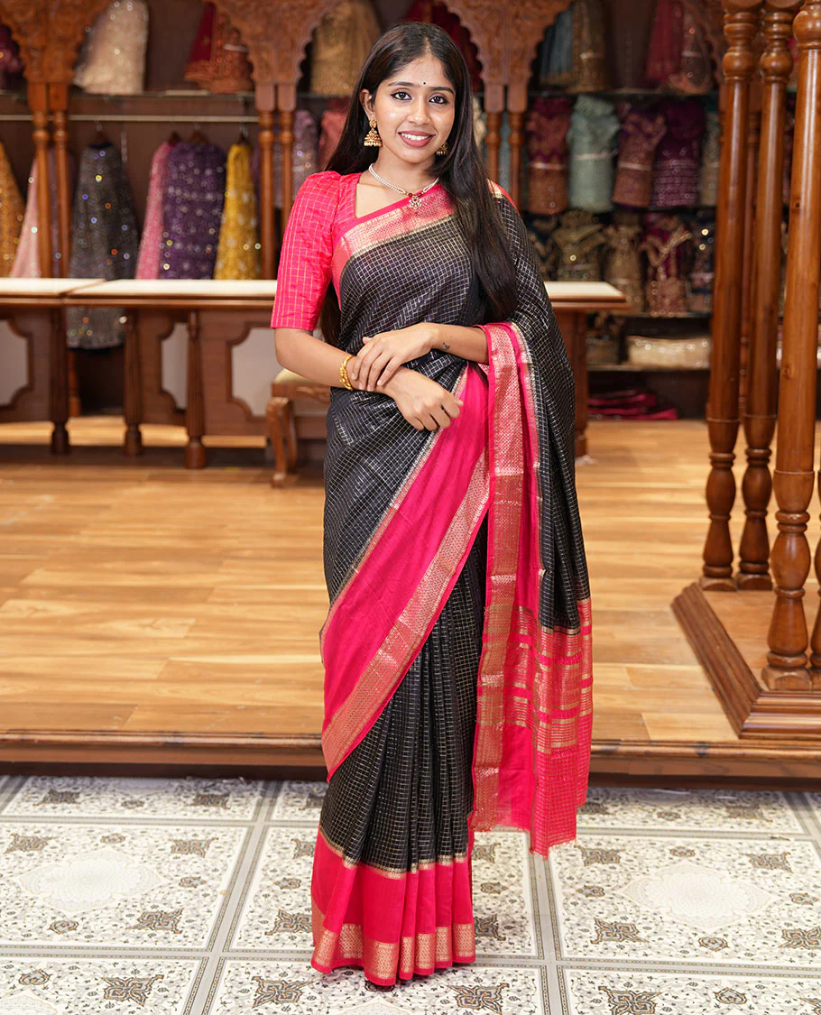 Black zari checked Assam cotton saree, contrast traditional zari design border, zari design pallu, and a contrast zari design blouse
