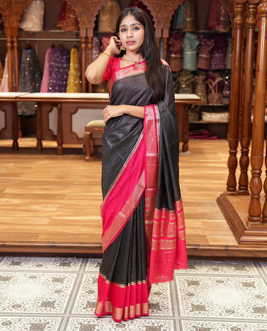 Black zari checked Assam cotton saree, contrast traditional zari design border, zari design pallu, and a contrast zari design blouse - Image 2