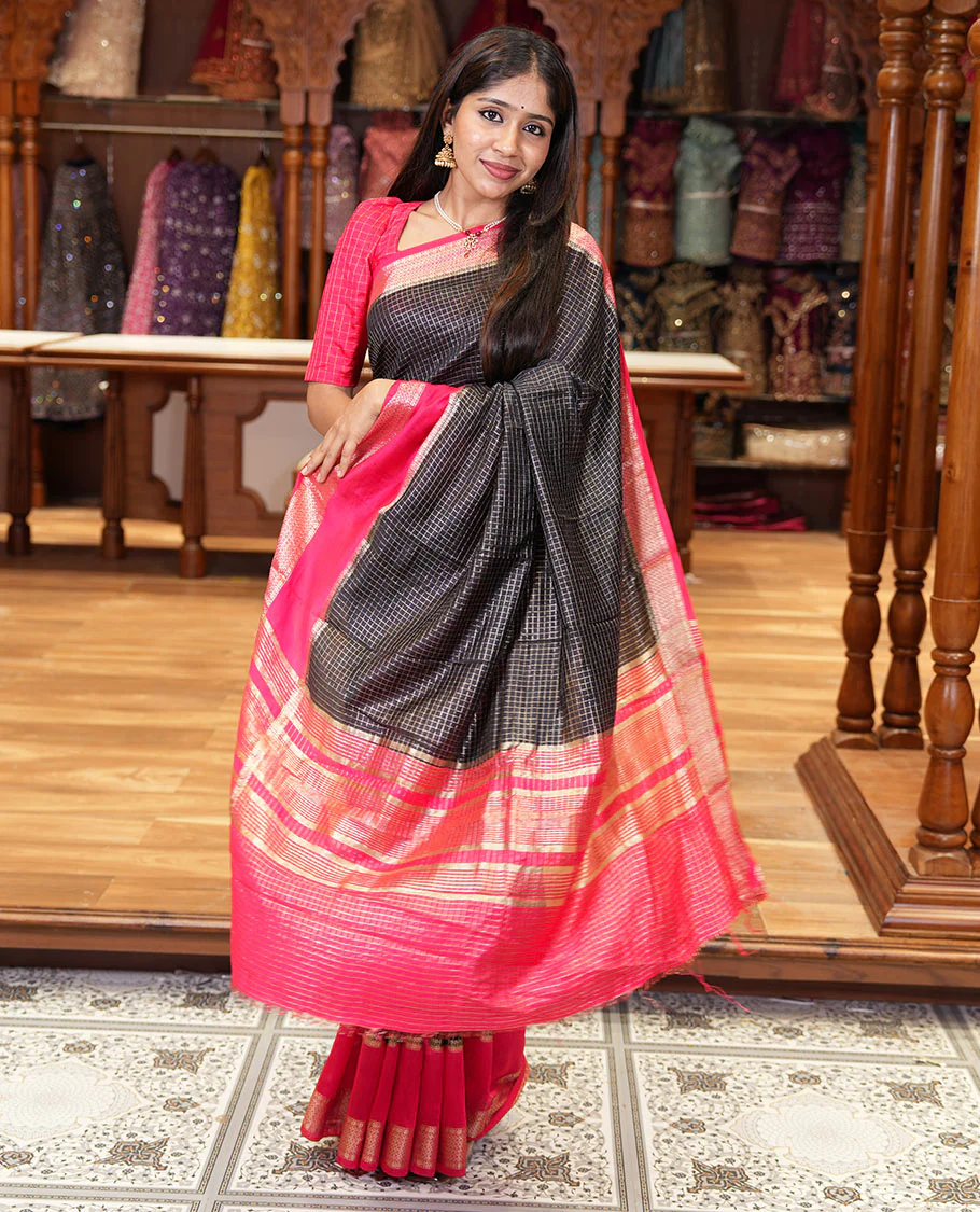 Black zari checked Assam cotton saree, contrast traditional zari design border, zari design pallu, and a contrast zari design blouse - Image 3