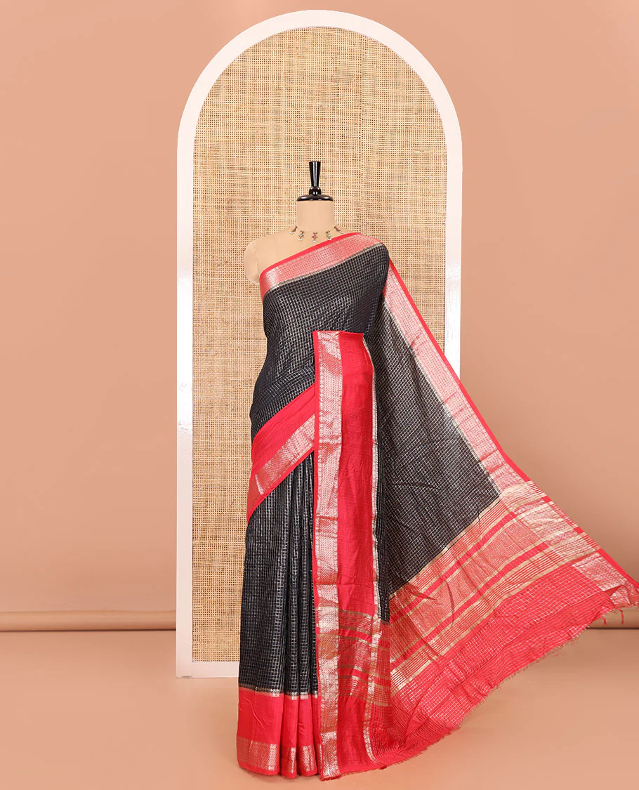 Black zari checked Assam cotton saree, contrast traditional zari design border, zari design pallu, and a contrast zari design blouse - Image 4