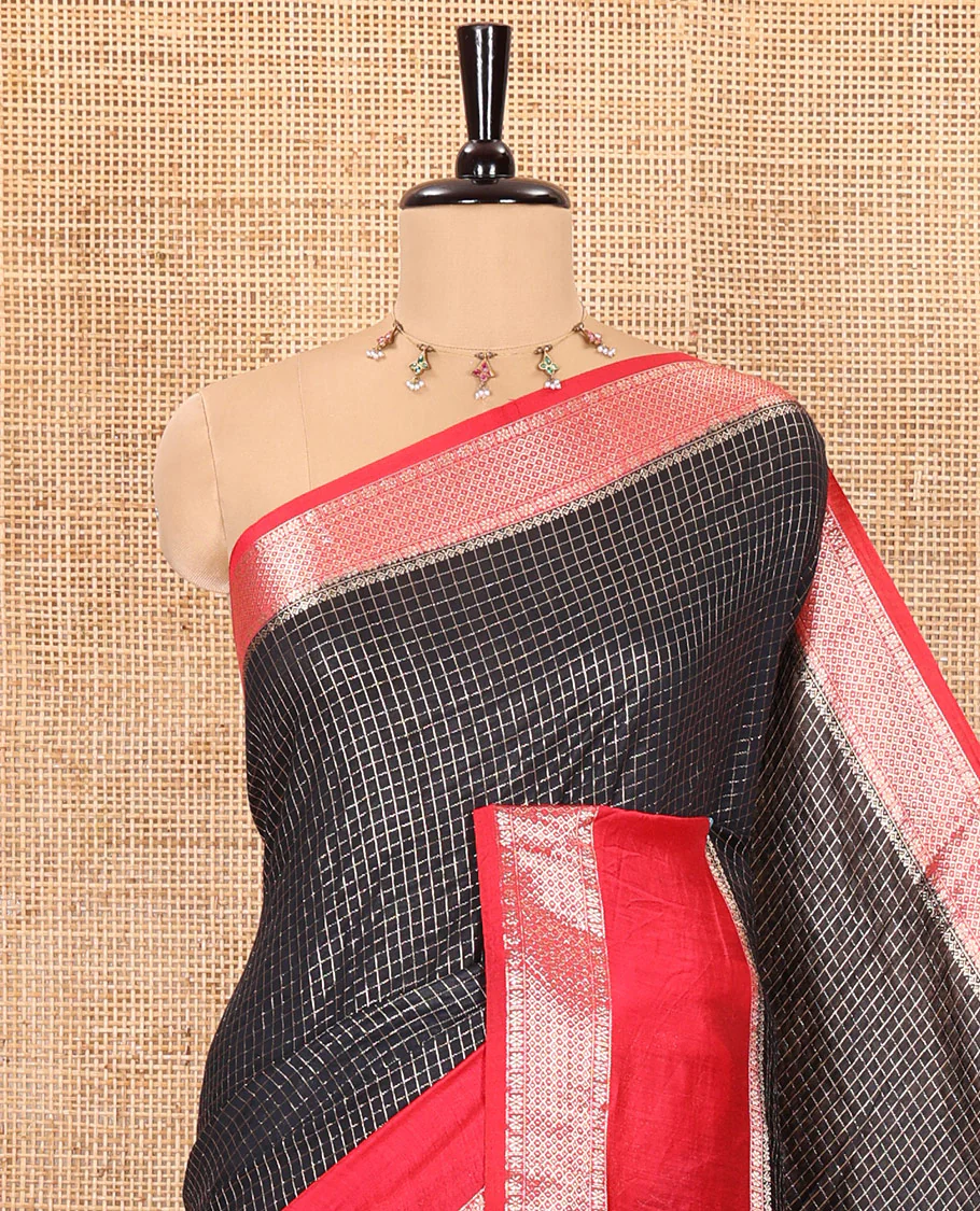 Black zari checked Assam cotton saree, contrast traditional zari design border, zari design pallu, and a contrast zari design blouse - Image 5