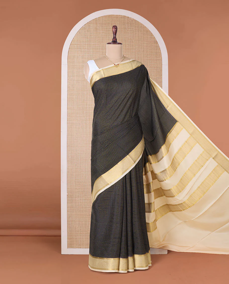 Black zari checked Mysore silk saree, contrast traditional zari border, and zari design pallu - Image 2