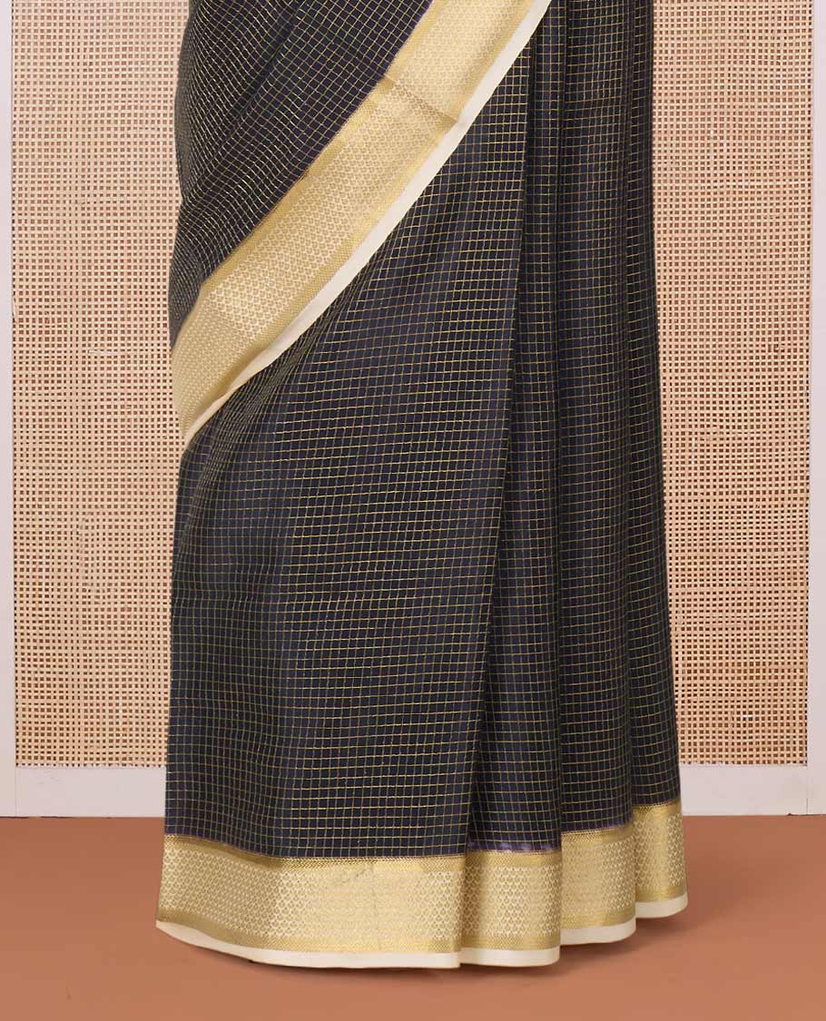 Black zari checked Mysore silk saree, contrast traditional zari border, and zari design pallu - Image 4