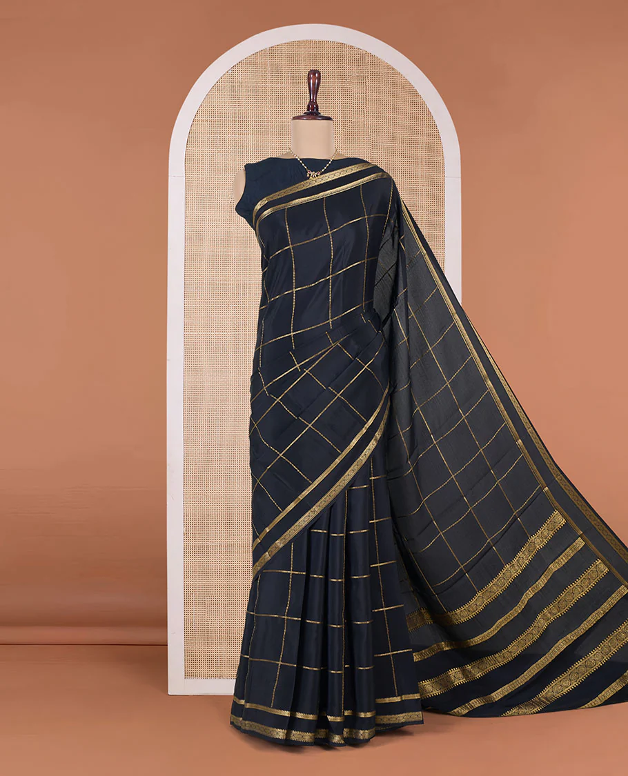 Black zari checked Mysore silk saree, traditional rettai pettu border, and traditional zari designs pallu - Image 2