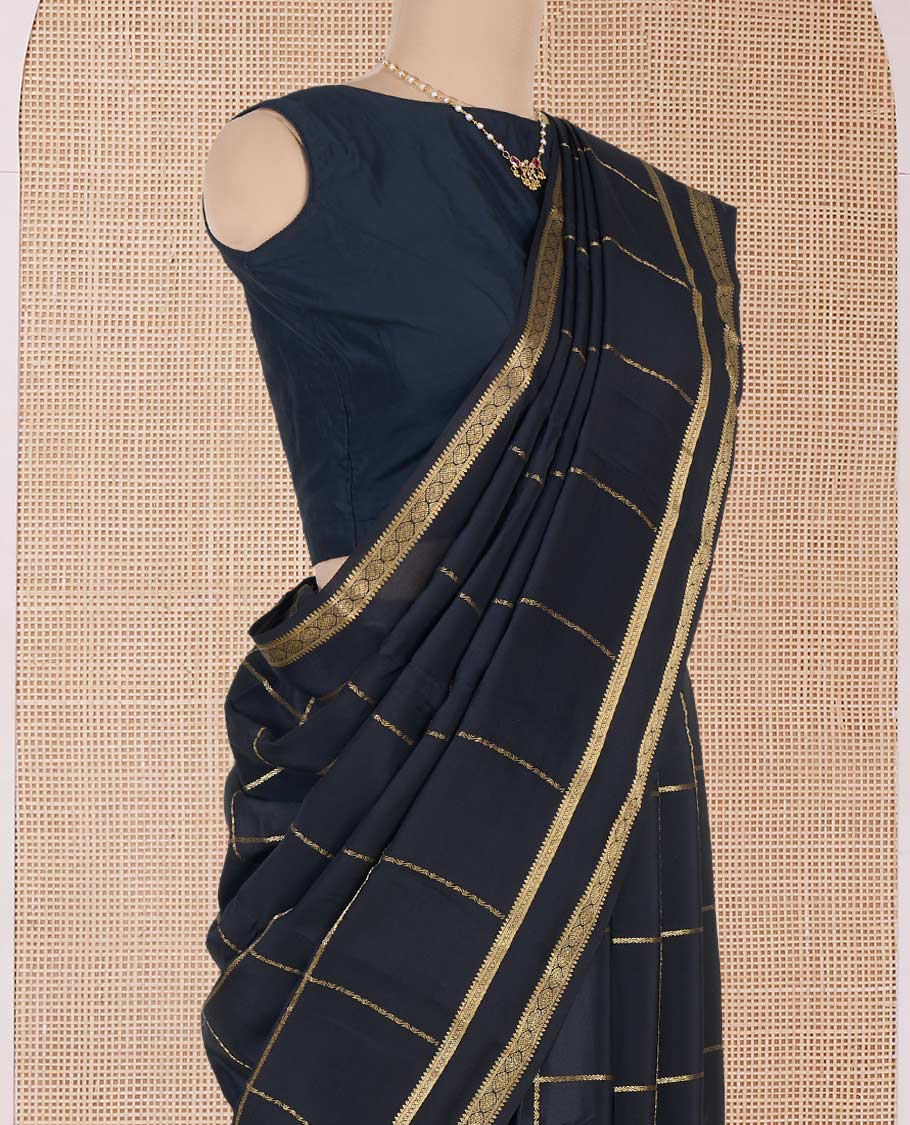 Black zari checked Mysore silk saree, traditional rettai pettu border, and traditional zari designs pallu - Image 3