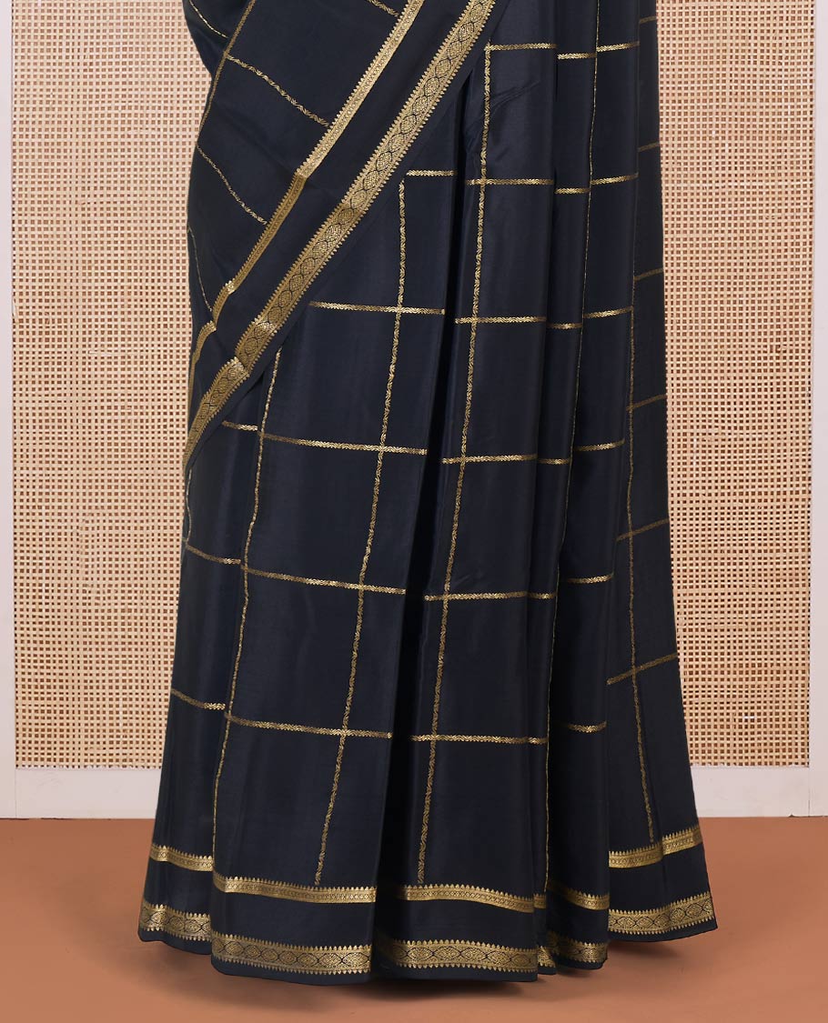 Black zari checked Mysore silk saree, traditional rettai pettu border, and traditional zari designs pallu - Image 4