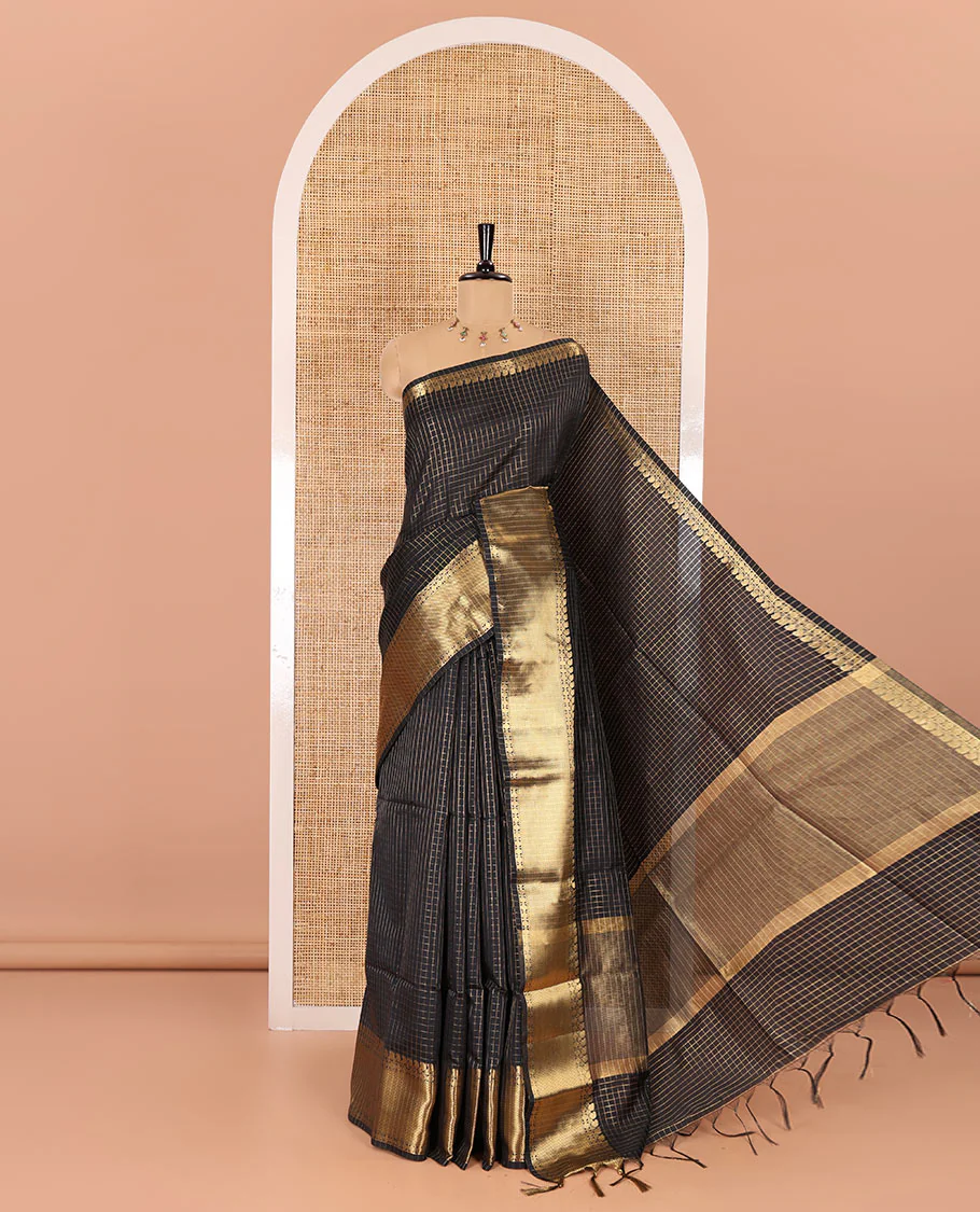 Black zari checked semi-katan silk saree, traditional zari border, zari-rich pallu, and a matching blouse