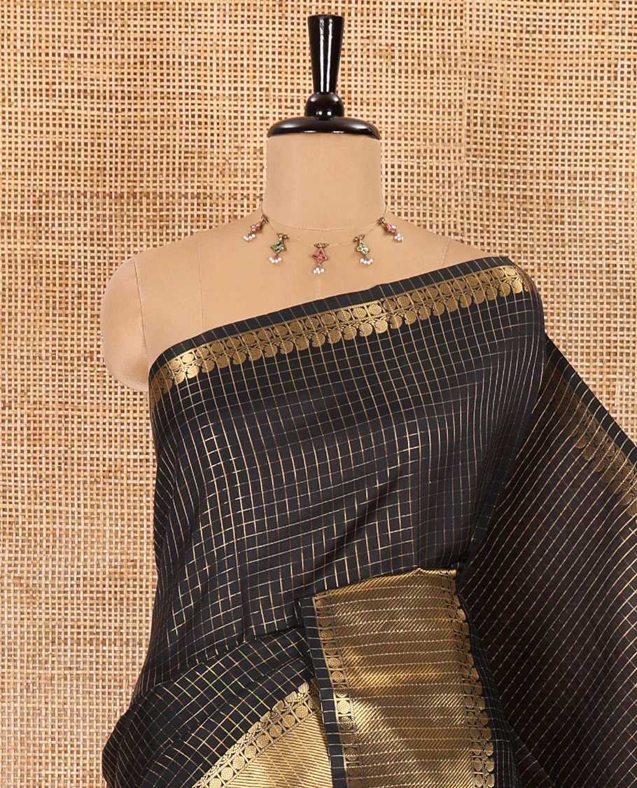 Black zari checked semi-katan silk saree, traditional zari border, zari-rich pallu, and a matching blouse - Image 2