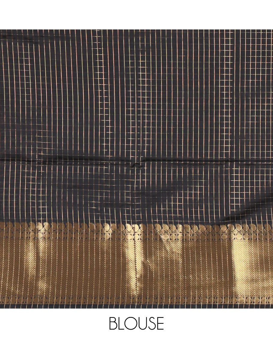 Black zari checked semi-katan silk saree, traditional zari border, zari-rich pallu, and a matching blouse - Image 3