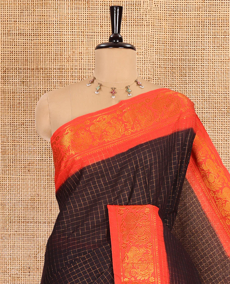 Black zari checked sungudi cotton saree, contrast zari border of peacock motifs, zari striped border, and a contrast blouse - Image 2