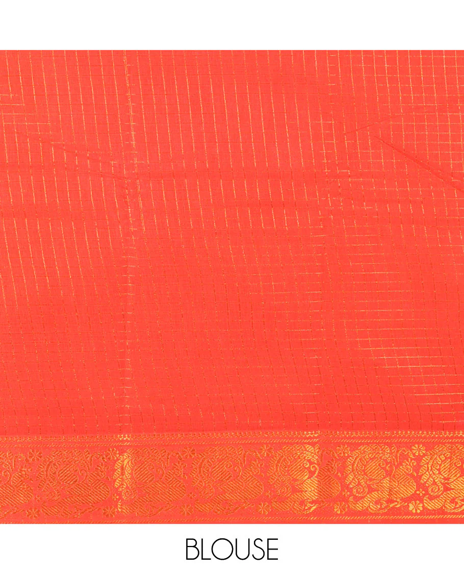 Black zari checked sungudi cotton saree, contrast zari border of peacock motifs, zari striped border, and a contrast blouse - Image 3