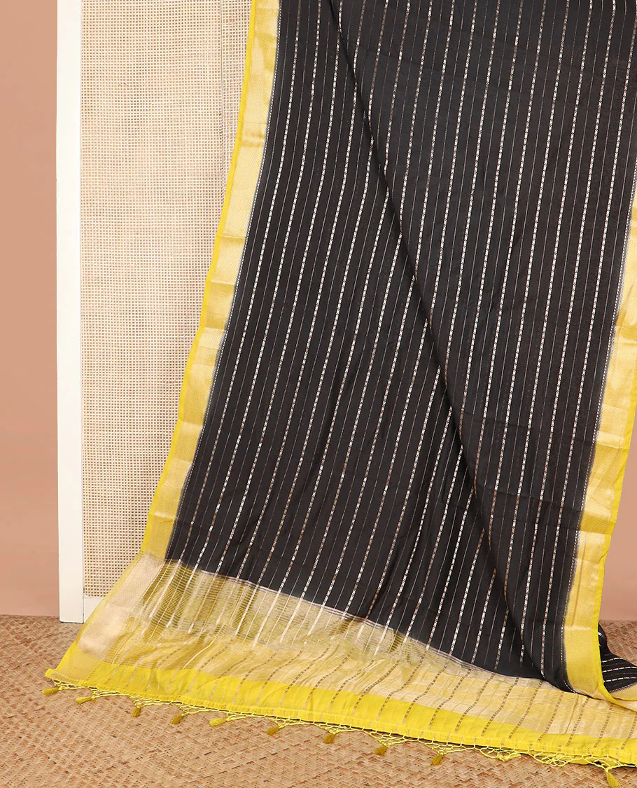 Black zari design assam silk saree, contrast traditional zari border, and zari striped pallu - Image 2