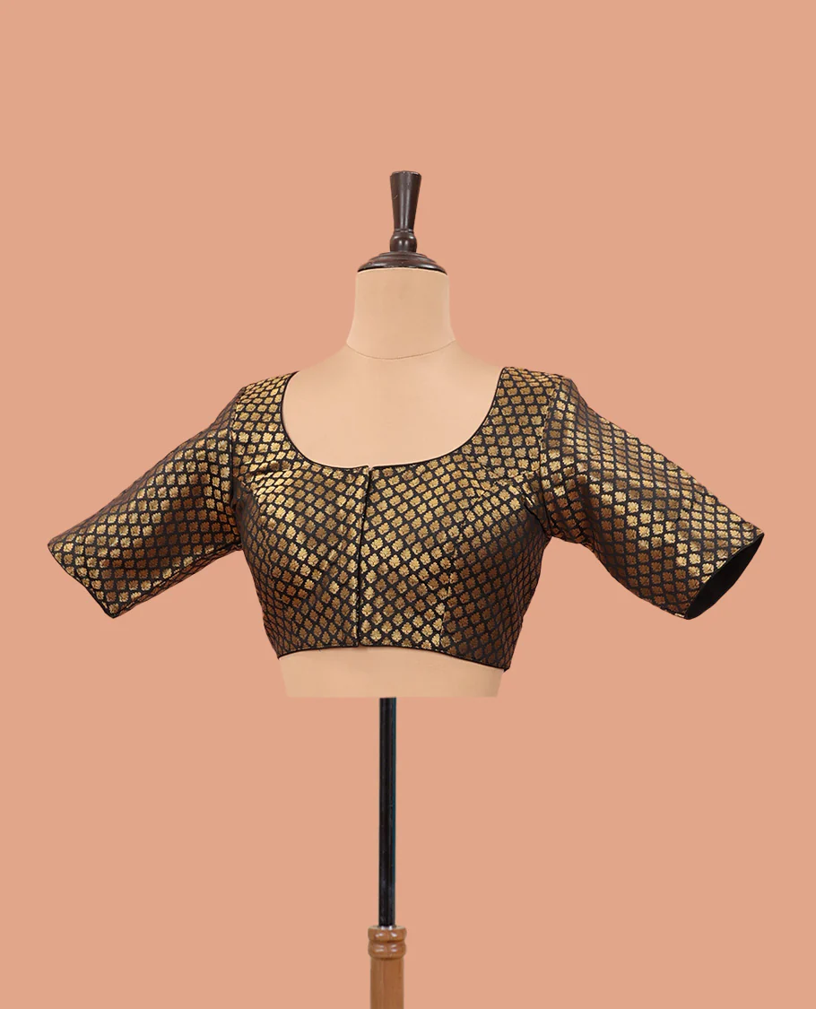Black zari jacquard front-back round neck elbow sleeve readymade blouse