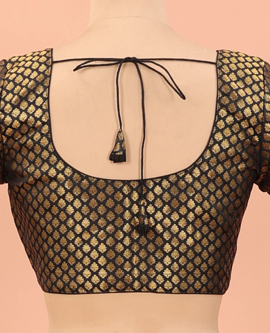 Black zari jacquard front-back round neck elbow sleeve readymade blouse - Image 4