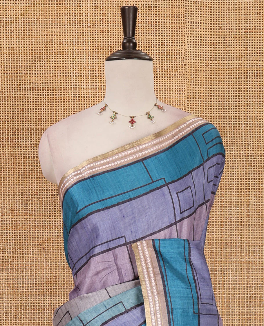 Blue abstract geometric printed semi-tussar saree, contrast thread triangle motifs border, striped pallu & contrast striped blouse - Image 3