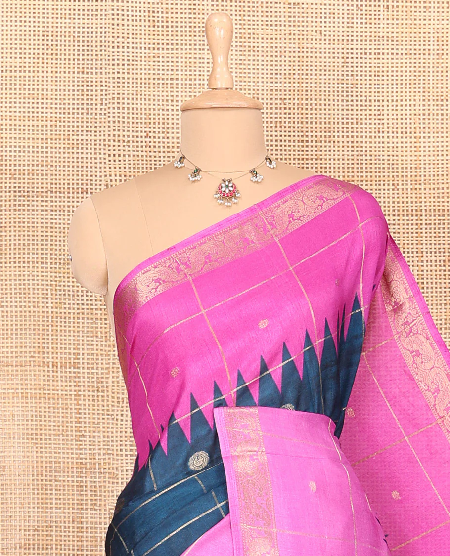 Blue and pink zari butta enclosed checked dola silk saree, contrast temple traditional motifs border, paisley motifs printed pallu, and a contrast butta enclosed checked blouse - Image 2