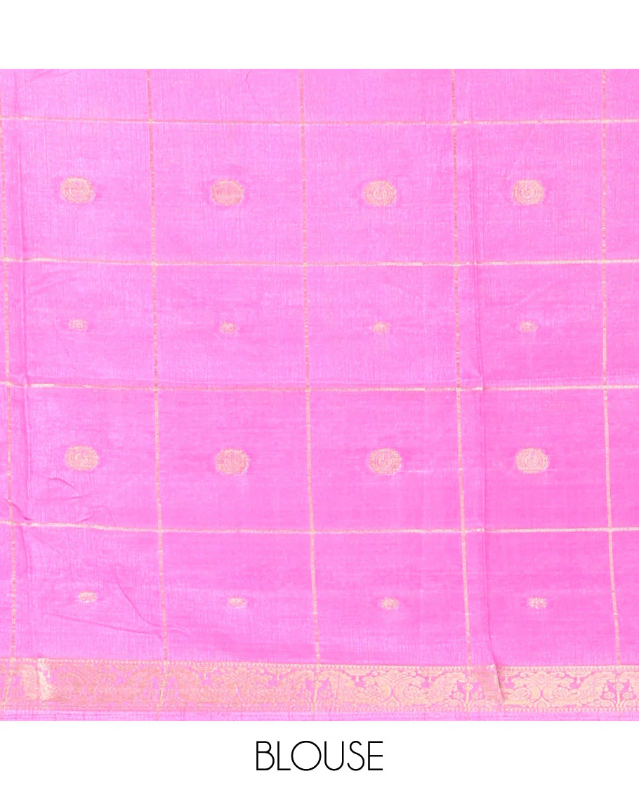 Blue and pink zari butta enclosed checked dola silk saree, contrast temple traditional motifs border, paisley motifs printed pallu, and a contrast butta enclosed checked blouse - Image 3