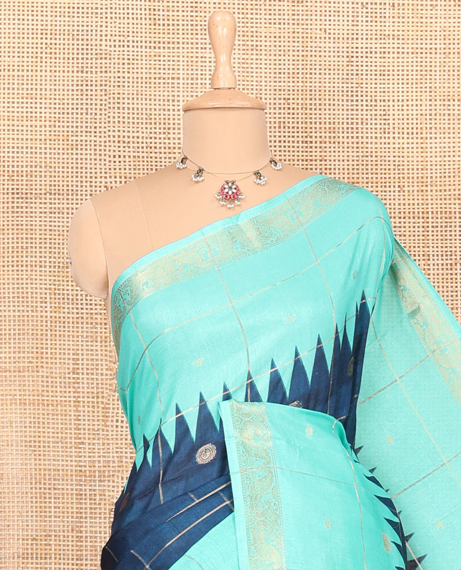 Blue and rama zari butta enclosed checked dola silk saree, contrast temple traditional motifs border, paisley motifs printed pallu, and a contrast butta enclosed checked blouse - Image 2