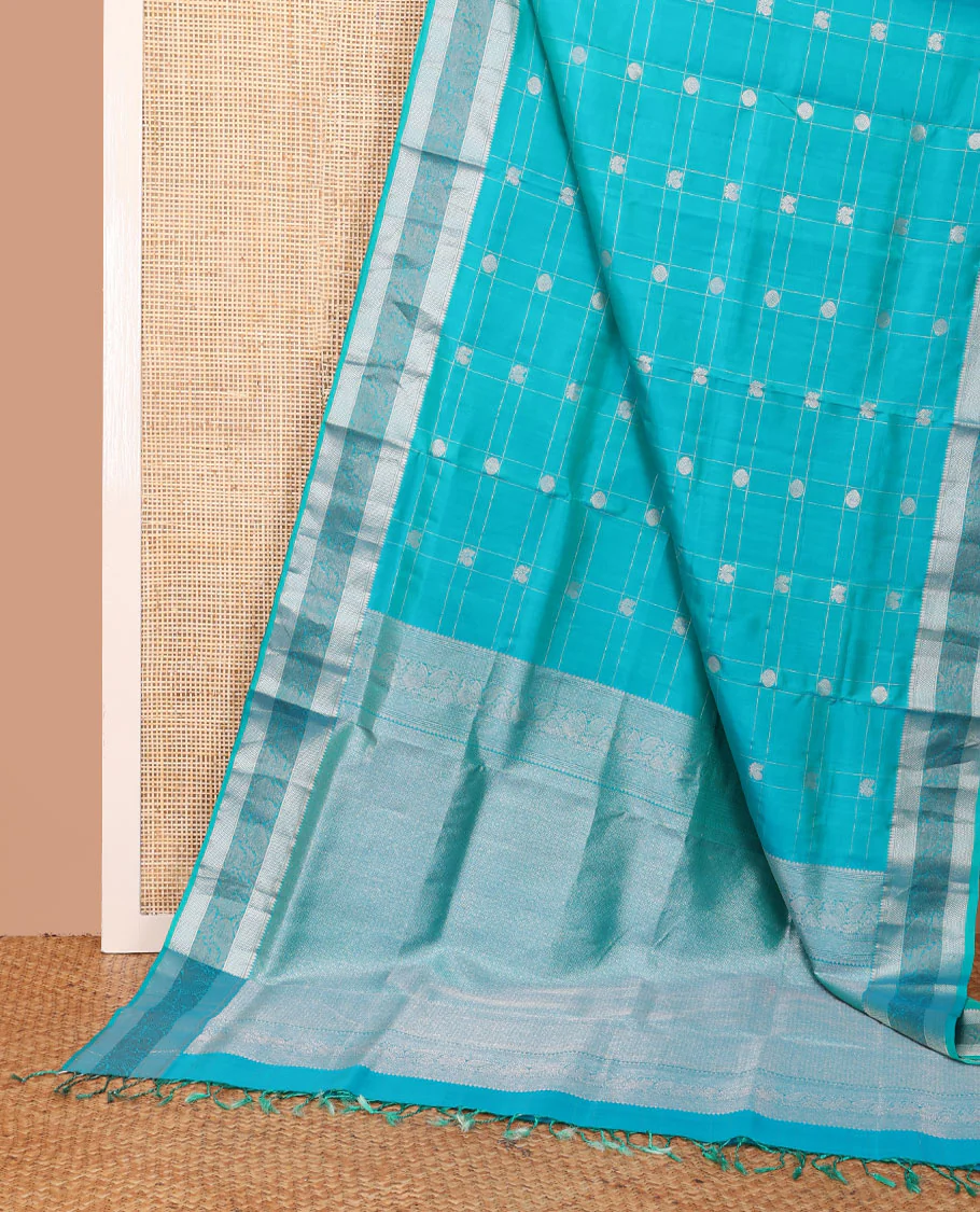 Blue annam chakram checked Mayuri soft silk saree, zari border of thilakam,banaras, then kuli kann & mayil & jaal pallu - Image 3