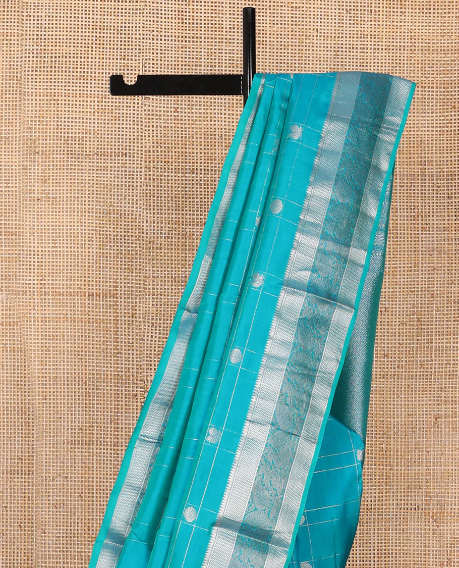 Blue annam chakram checked Mayuri soft silk saree, zari border of thilakam,banaras, then kuli kann & mayil & jaal pallu - Image 4