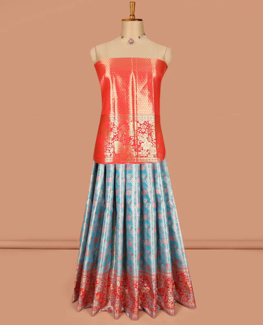 Blue Art Silk Material Half Saree Set Featuring Floral Jacquard Skirt, a Contrast Floral Meenakari Design Border, a Zari-Jacquard Blouse, and a Dhavani Decked Up with Floral Zari Designs - Image 2