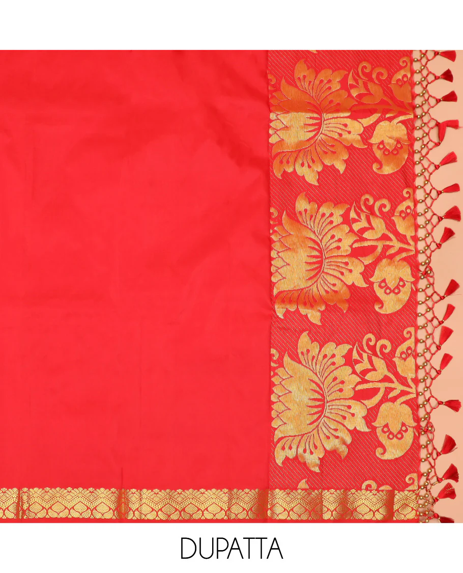Blue Art Silk Material Half Saree Set Featuring Floral Jacquard Skirt, a Contrast Floral Meenakari Design Border, a Zari-Jacquard Blouse, and a Dhavani Decked Up with Floral Zari Designs - Image 4