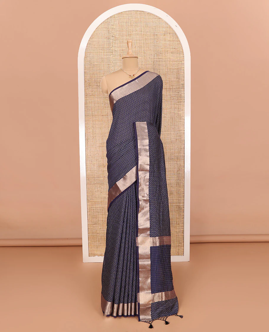 Blue Assam Silk Saree Beautified with Maze-Like Designs, Featuring a Simple Zari Border, Self-Pallu, and Paired with a Matching Blouse - Image 2