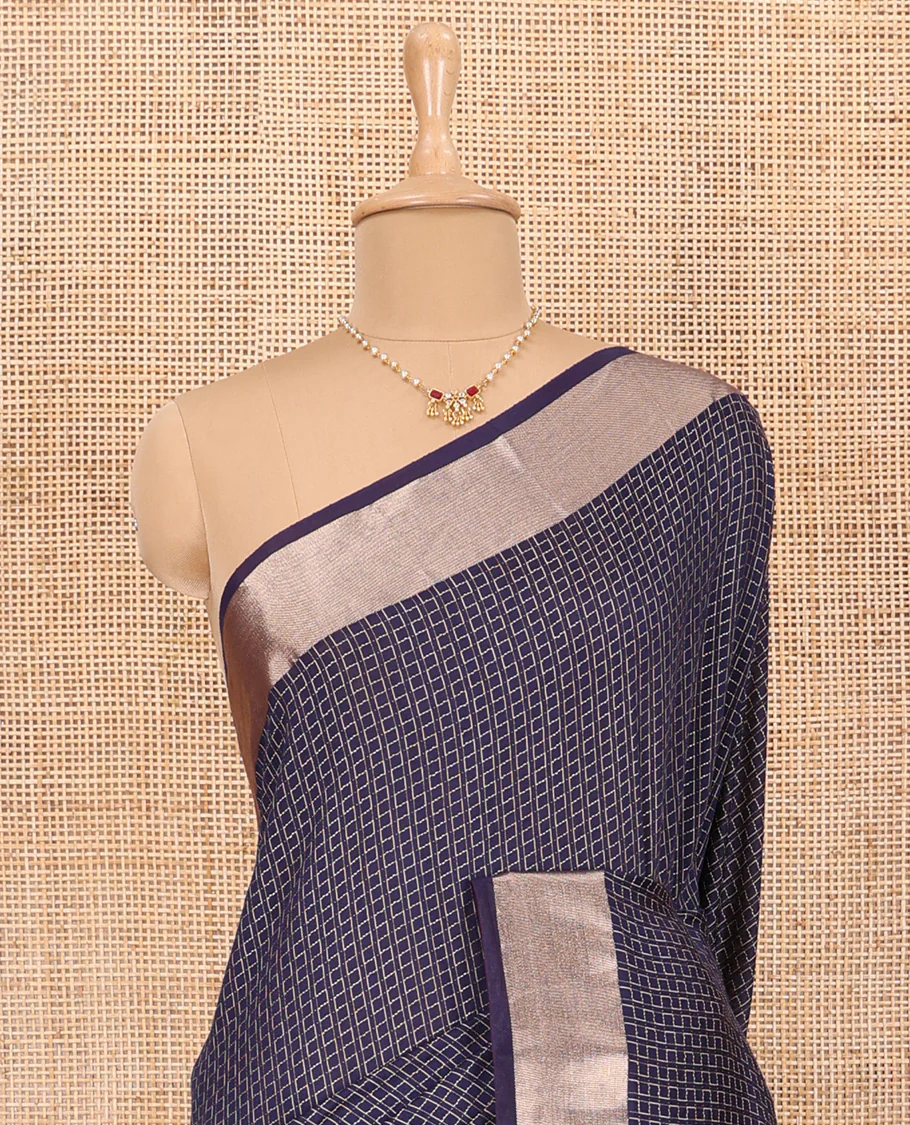 Blue Assam Silk Saree Beautified with Maze-Like Designs, Featuring a Simple Zari Border, Self-Pallu, and Paired with a Matching Blouse - Image 3