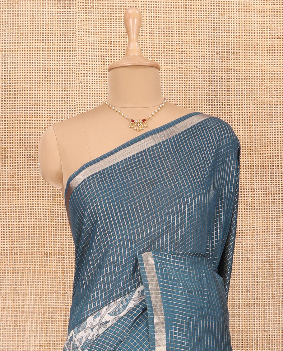 Blue Assam Silk Saree Graced with Micro-Checks and Floral Prints, Featuring a Simple Piping Border, Zari-Enriched Pallu, Paired with a Matching Blouse - Image 3