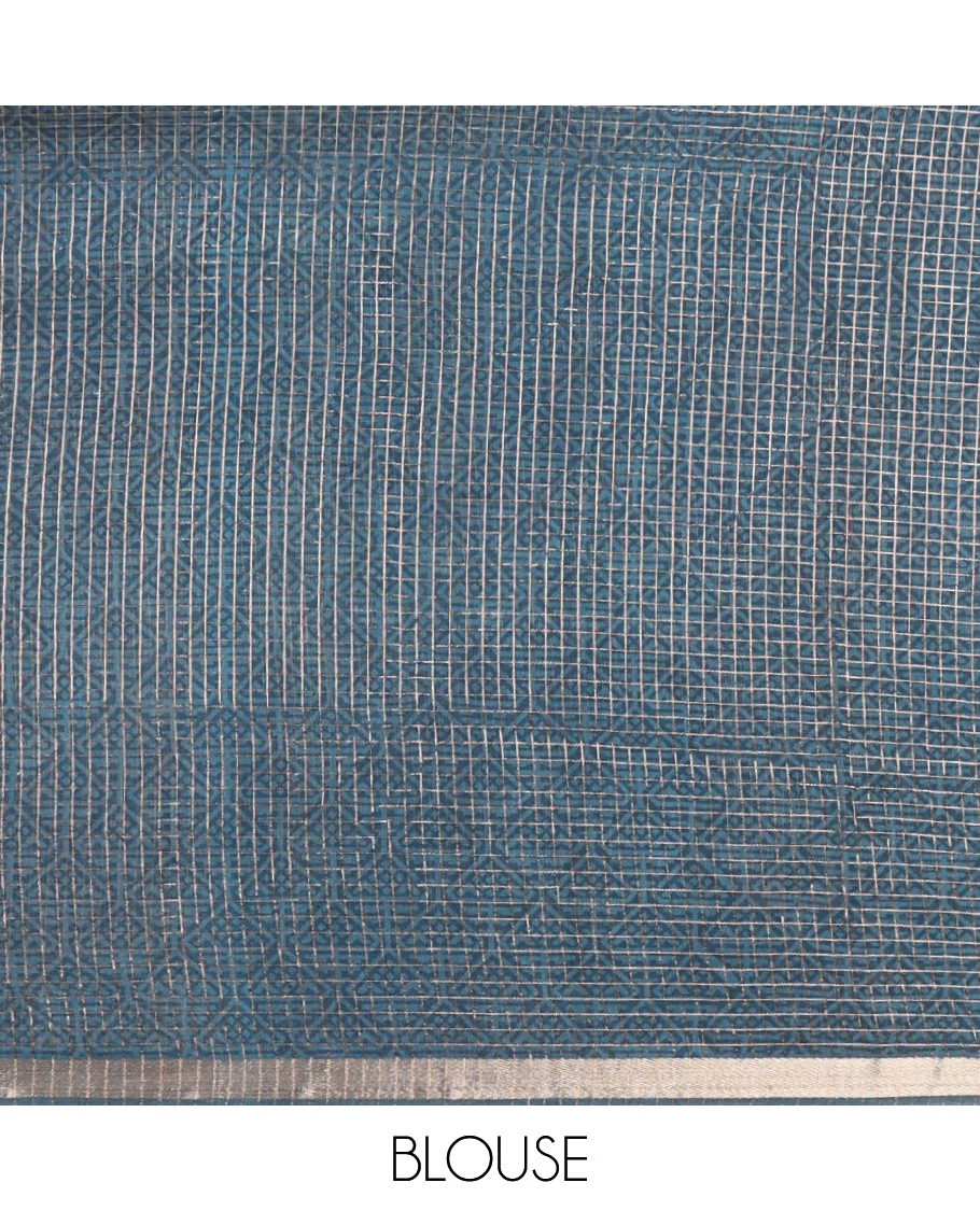 Blue Assam Silk Saree Graced with Micro-Checks and Floral Prints, Featuring a Simple Piping Border, Zari-Enriched Pallu, Paired with a Matching Blouse - Image 4