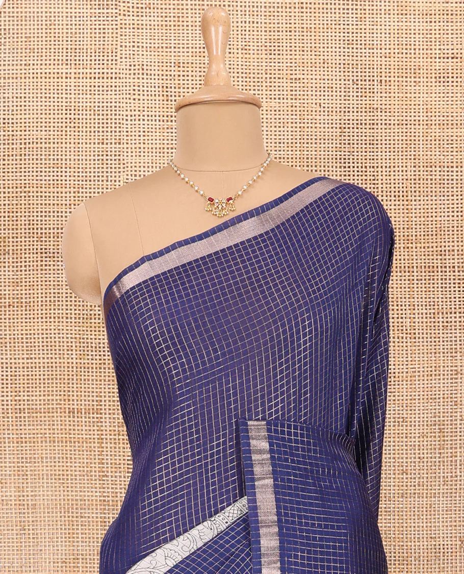Blue Assam Silk Saree Subtly Sparkled with Micro-Checks and Kalamkari Floral Prints, Featuring a Simple Piping Border, a Pallu Woven with Zari Stripes, Paired with a Matching Checked Blouse - Image 3