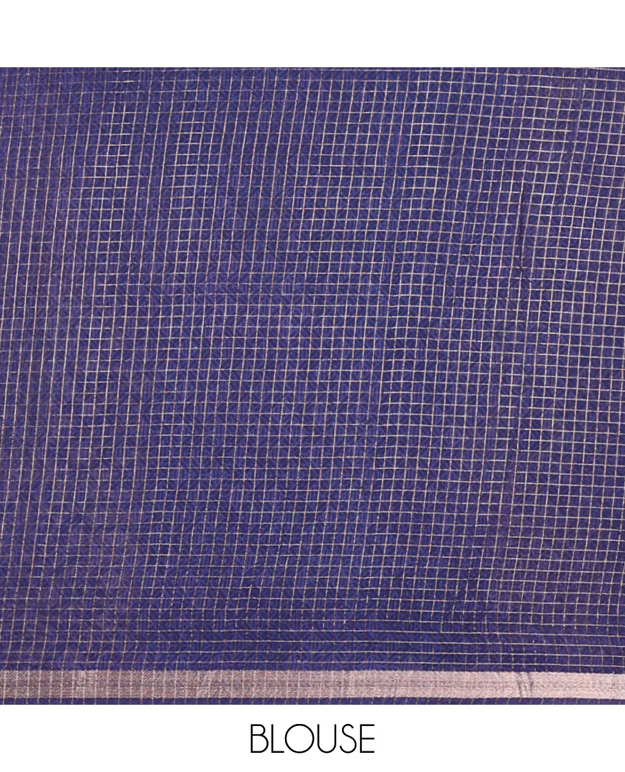 Blue Assam Silk Saree Subtly Sparkled with Micro-Checks and Kalamkari Floral Prints, Featuring a Simple Piping Border, a Pallu Woven with Zari Stripes, Paired with a Matching Checked Blouse - Image 4