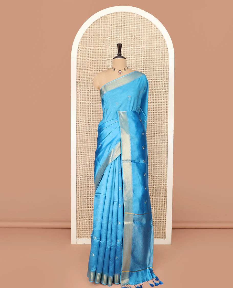 Blue Banana Pith Saree Decorated with Zari Temple Buttas, Delicately Woven Temple Zari Border, Gleaming Zari Pallu of Horizontal Stripes in Zari, and Paired with a Matching Plain Blouse - Image 3