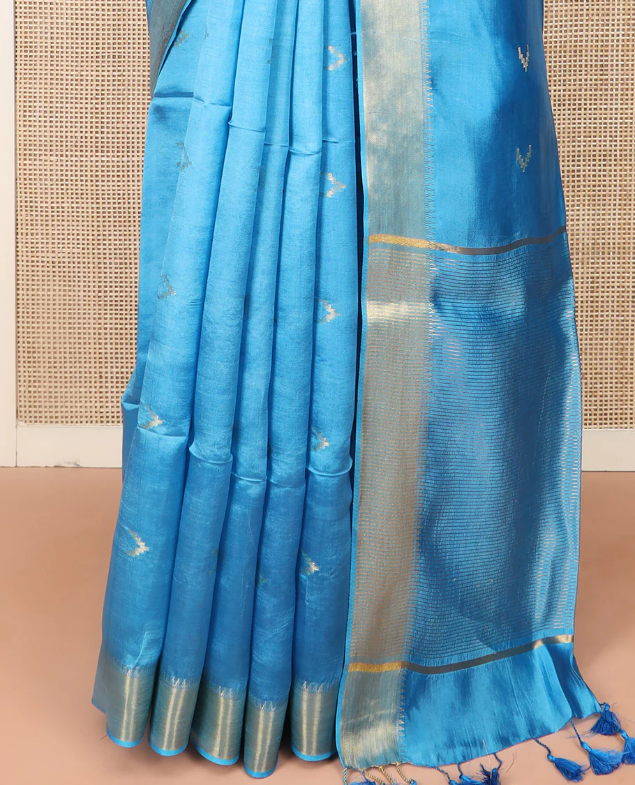 Blue Banana Pith Saree Decorated with Zari Temple Buttas, Delicately Woven Temple Zari Border, Gleaming Zari Pallu of Horizontal Stripes in Zari, and Paired with a Matching Plain Blouse - Image 4