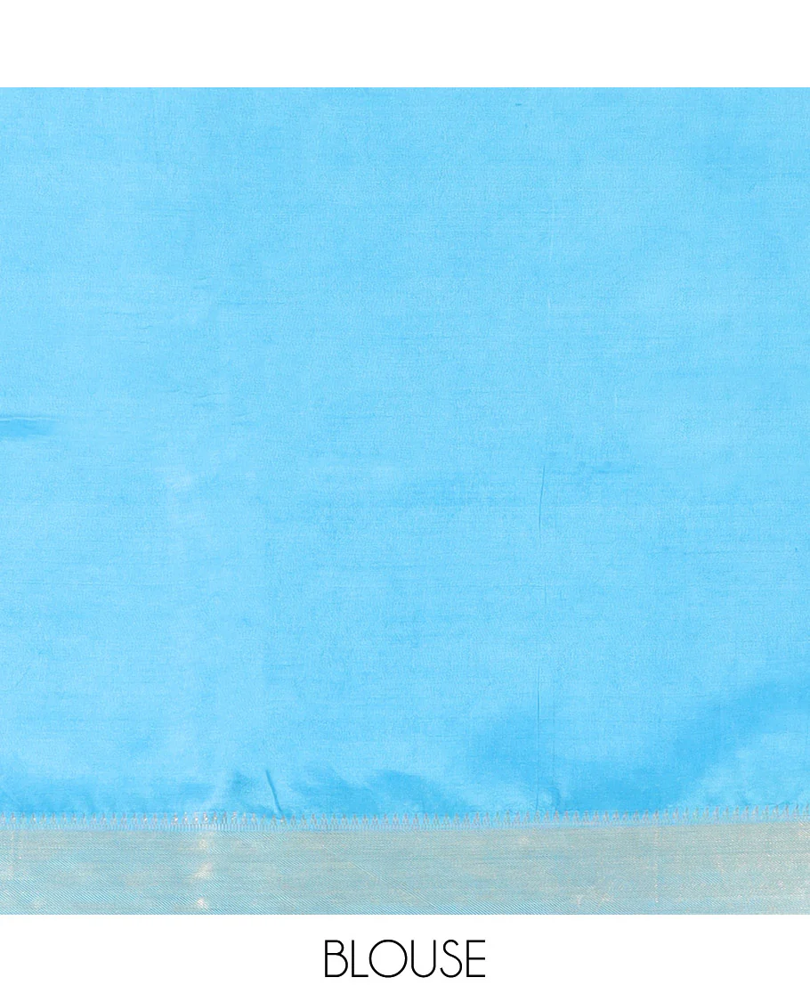 Blue Banana Pith Saree Decorated with Zari Temple Buttas, Delicately Woven Temple Zari Border, Gleaming Zari Pallu of Horizontal Stripes in Zari, and Paired with a Matching Plain Blouse - Image 5